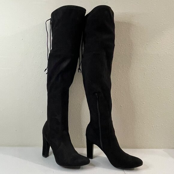 Unisa Black Faux Suede Over-The-Knee Boots With Side Zipper & Drawstring - Picture 4 of 12